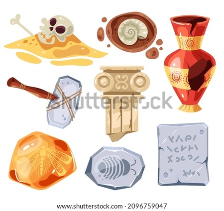 Archaeological items remains isolated set. Vector flat graphic design cartoon illustration