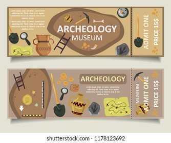 Archaeological museum admission tickets. Archaeology museum ticket vector template set.