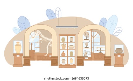 Ilustración del Vector Interior del Museo Arqueológico. Skeleton de los dinosaurios tiranosaurios, Huesos de los cráneos animales extintos, Herramienta de Rock y Arma, Exhibición de la Antigua Cerámica. Exhibición de la colección Paleontology