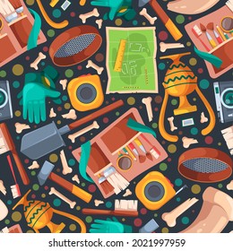Archaeological pattern. Excavations history dig equipments ancient artifacts bones map finding skull textile design project garish vector seamless background