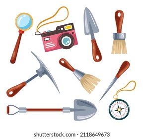 Archaeological researching expedition excavation tools isolated set. Vector flat graphic design illustration
