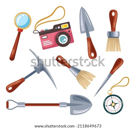 Archaeological researching expedition excavation tools isolated set. Vector flat graphic design illustration
