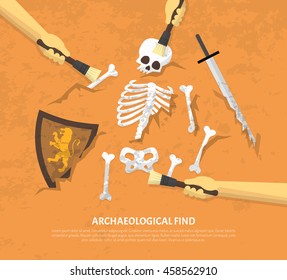 Archaeological site discovery poster with new unearthed finds medieval knight remnants on sand background flat vector illustration 