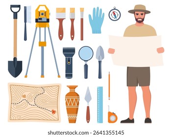 Archaeological tools, finds and archaeologist character. Brushes instruments for excavating historical treasures.