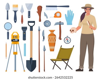 Archaeological tools, finds and archaeologist character. Brushes instruments for excavating historical treasures.
