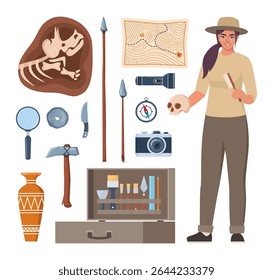 Archaeological tools, finds and archaeologist character. Brushes instruments for excavating historical treasures.