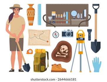 Archaeological tools, finds and archaeologist character. Brushes instruments for excavating historical treasures.