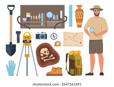 Archaeological tools, finds and archaeologist character. Brushes instruments for excavating historical treasures.