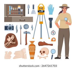 Archaeological tools, finds and archaeologist character. Brushes instruments for excavating historical treasures.