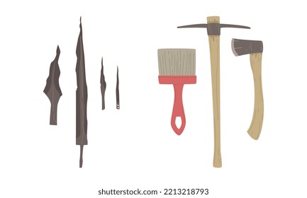 Archaeological tools and finds set. Brush, pickaxe, shovel and ancient spear tips cartoon vector illustration