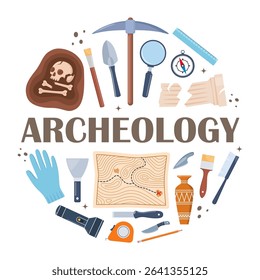 Archaeological tools and finds set. Brushes instruments for excavating historical treasures sun hat tape measure for measuring territory ancient amphora and tools primitive people. Vector artifacts.