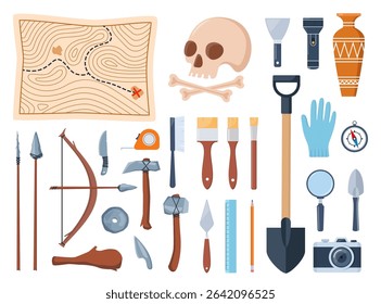 Archaeological tools and finds set. Brushes instruments for excavating historical treasures sun hat tape measure for measuring territory ancient amphora and tools primitive people. Vector artifacts.