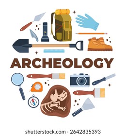 Ferramentas arqueológicas e achados definidos. Escovas instrumentos para escavar tesouros históricos medida fita de chapéu de sol para medir a ânfora antiga do território e ferramentas pessoas primitivas. Artefatos de vetor.
