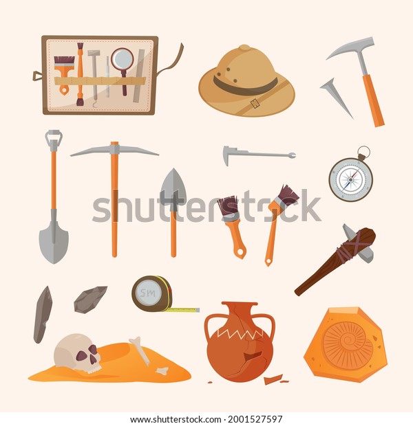 Archaeological tools and finds set. Brushes\
instruments for excavating historical treasures sun hat tape\
measure for measuring territory ancient amphora and tools primitive\
people. Vector\
artifacts.