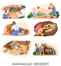 Archaeologist. Cartoon archeologist working with dig instrument on archeology excavation site, search ancient artifact historical discovery anthropology, vector illustration of archaeologist cartoon