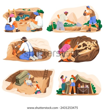 Archaeologist. Cartoon archeologist working with dig instrument on archeology excavation site, search ancient artifact historical discovery anthropology, vector illustration of archaeologist cartoon