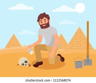 Archaeologist cleaning human skull from sandy soil. Archaeological excavations in Egyptian desert. Flat vector design