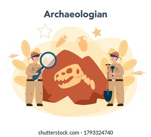 Archaeologist concept. Ancient history scientist, paleontologist. Knowledge of past and ancient. Antique civilization research. Isolated vector illustration in flat style
