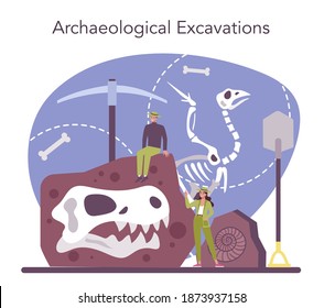 Archaeologist concept. Ancient history scientist, paleontologist. Knowledge of past and ancient. Antique civilization research. Isolated vector illustration in flat style