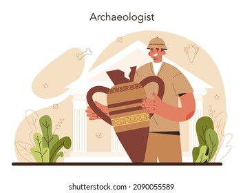 Archaeologist concept. Ancient history scientist or paleontologist. Knowledge of an ancient civilization culture. Prehistoric times research. Isolated vector illustration in flat style
