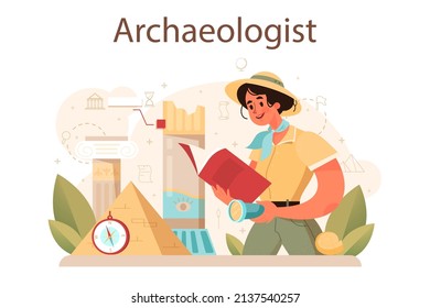 Archaeologist concept. Ancient history scientist or paleontologist. Knowledge of an ancient civilization culture. Prehistoric times research. Isolated vector illustration in flat style