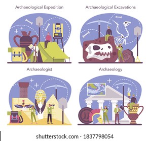 Archaeologist concept set. Ancient history scientist, paleontologist. Knowledge of past and ancient. Antique civilization research. Isolated vector illustration in flat style
