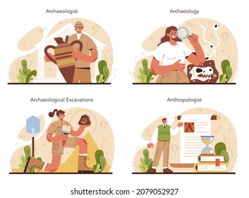 Archaeologist concept set. Ancient history scientist or paleontologist. Knowledge of an ancient civilization culture. Prehistoric times research. Isolated vector illustration in flat style