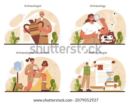 Archaeologist concept set. Ancient history scientist or paleontologist. Knowledge of an ancient civilization culture. Prehistoric times research. Isolated vector illustration in flat style