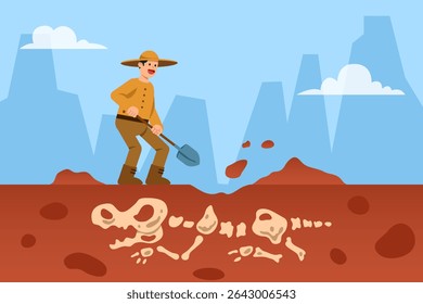 Archaeologist digging soil to take pre historic skeleton.