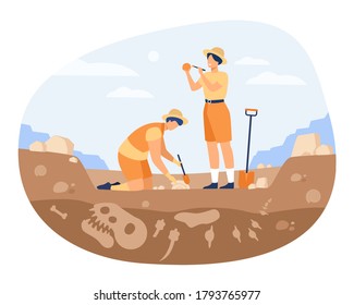 Archaeologist discovering dinosaurs remains. Men digging ground in quarry and cleaning bones. Vector illustration for archeology, paleontology, science, research concept