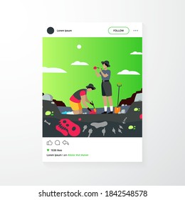 Archaeologist discovering dinosaurs remains. Men digging ground in quarry and cleaning bones. Vector illustration for archeology, paleontology, science, research concept