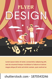 Archaeologist discovering dinosaurs remains. Men digging ground in quarry and cleaning bones. Vector illustration for archeology, paleontology, science, research concept