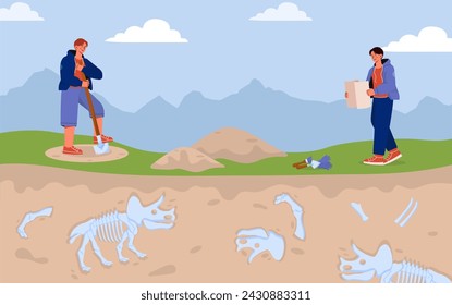 Archaeologist discovers concept. Man and woman with shovel diggin ground. Workers searching fossils and artifacts. Dinosaurs bone underground, prehistoric era. Cartoon flat vector illustration
