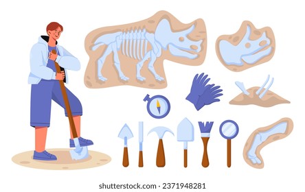 Archaeologist elements set. Man with shovel at dinosaur bines and skulls. Compass near equipment of plaontologist. Fossils from BC era. Cartoon flat vector collection isolated on white background