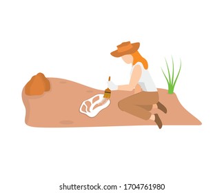 Archaeologist Excavating and Researching Dinosaur Skull Illustration