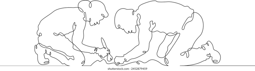 Archaeologist at an excavation. An archaeologist with tools in hand conducts historical research. Historian. Archeology. One continuous line . Line art. Minimal single line.White background. One line