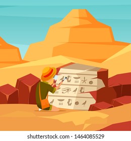 Archaeologist explores egyptian artifact character. Historian discovering ancient Egypt hieroglyphics on stone plate. Archeological excavation, history science expedition flat vector illustration