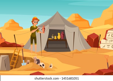 Archaeologist exploring artifact flat illustration. Archeological excavation, scientific expedition flat vector drawing. Historian female cartoon character cleaning ancient clay amphora with brush