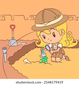 Arqueólogo, menina, arqueológico, cavar, escavação, mão desenhada, ilustração vetorial