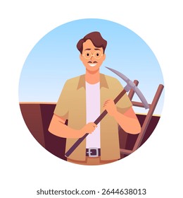 Archaeologist with glasses holding a pick axe at excavation site with ladder in background and blue sky. Archaeological excavation. Male character. Vector illustration in round isolated frame.