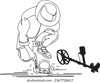 Archaeologist Holding Brush - Continuous Line Cartoon Illustration, Archeology Vector Art - Doodle Sketch of Archaeologist Character, Archaeologist Character at Dinosaur Excavation