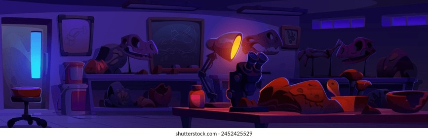 Archaeologist lab room and fossil on desk at night cartoon background. Dinosaur skull in paleontologist laboratory interior to research. History museum or scientific university explorer cabinet