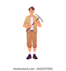 Arqueólogo homem segurando ferramenta de palheta. Jovem personagem masculino em óculos explorador histórico, cientista ou paleontólogo. Equipamento para trabalhos de escavação de arqueologia. Ilustração plana de vetor isolada