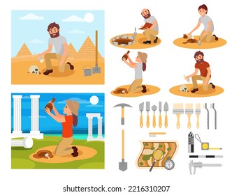 Archaeologist Man and Woman Engaged in Ancient Artifact Excavation with Tool Vector Set