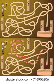 Archaeologist maze for kids with a solution