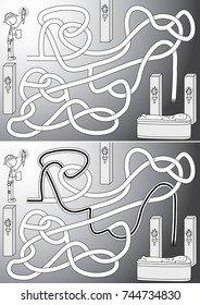 Archaeologist maze for kids with a solution in black and white