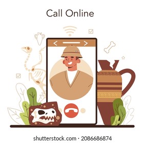 Archaeologist online service or platform. Ancient history scientist or paleontologist. Knowledge of an ancient civilization. Online call. Vector illustration