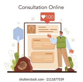 Archaeologist online service or platform. Ancient history scientist or paleontologist. Knowledge of an ancient civilization. Online consultation. Vector illustration