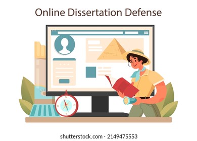 Servicio o plataforma online de arqueólogos. Conocimiento de una cultura de civilización antigua. Investigador de los tiempos prehistóricos. Defensa de postres en línea. Ilustración del vector