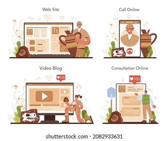 Archaeologist online service or platform set. Ancient history scientist or paleontologist. Knowledge of an ancient civilization. Online call, consultation, video blog, website. Vector illustration